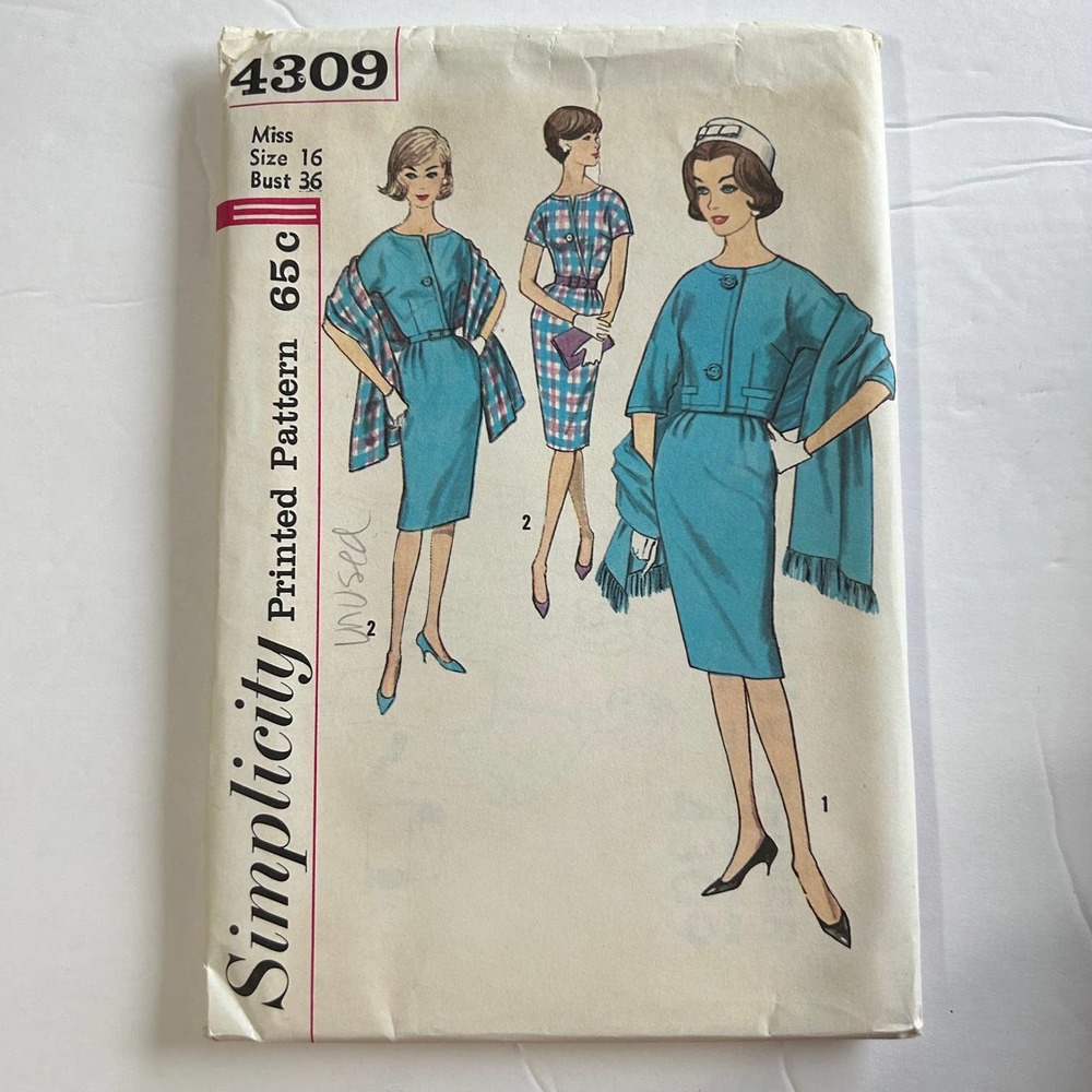 Simplicity Vintage 1960's Pattern #4309 Dress Jacket Stole Juniors Miss Size 16